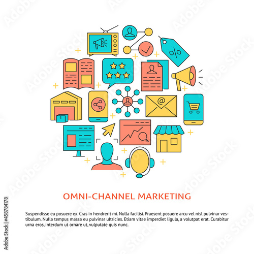 Omni-channel marketing round concept poster in line style