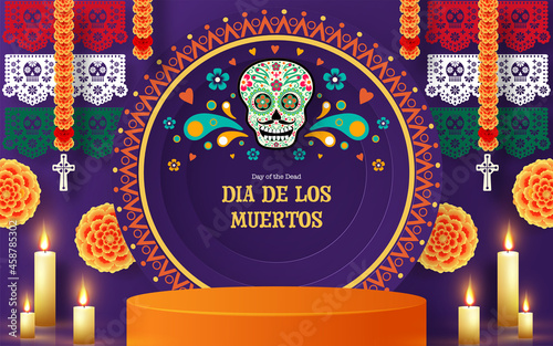 Day of the dead, Dia de los muertos 3d podium round, square stage with paper cut art elements craft style on background.

