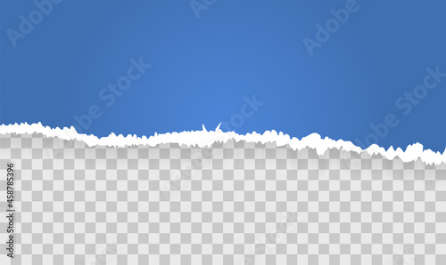 Template with torn paper. Horizontal icon with half of blue sheet and shadow. Realistic design element for overlay, poster and postcard. 3D vector illustration isolated on transparent background