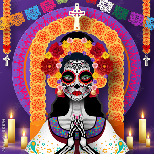 Day of the dead, Dia de los muertos, sugar skull with marigold flowers wreath on paper black color Background.