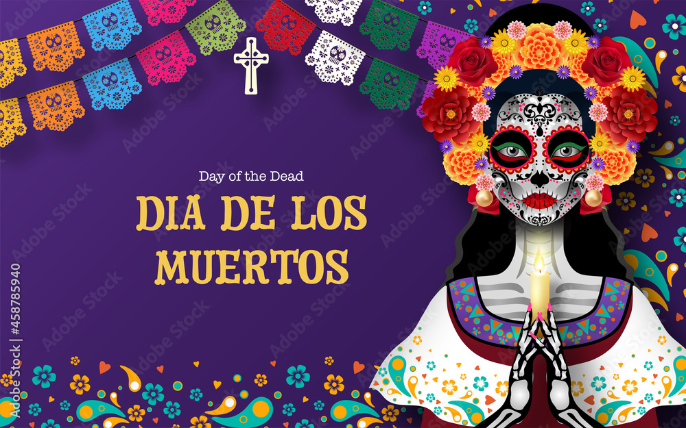 Day of the dead, Dia de los muertos, sugar skull with marigold flowers wreath on paper black color Background.