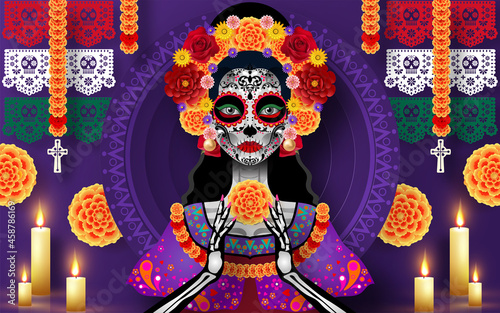 Day of the dead, Dia de los muertos, sugar skull with marigold flowers wreath on paper black color Background. photo