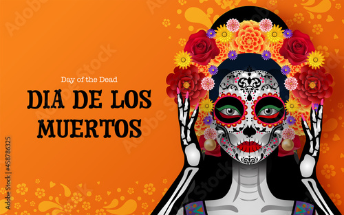 Day of the dead, Dia de los muertos, sugar skull with marigold flowers wreath on paper black color Background.