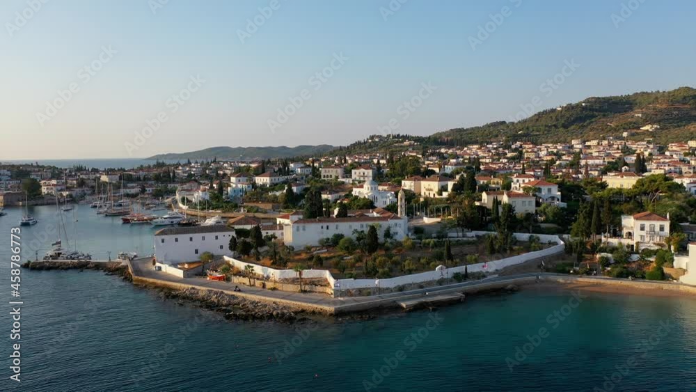 Aerial view of Spetses old town and marina or seaport, Greece - drone videography Aerial view of Spetses old town and marina or seaport, Greece - drone videography