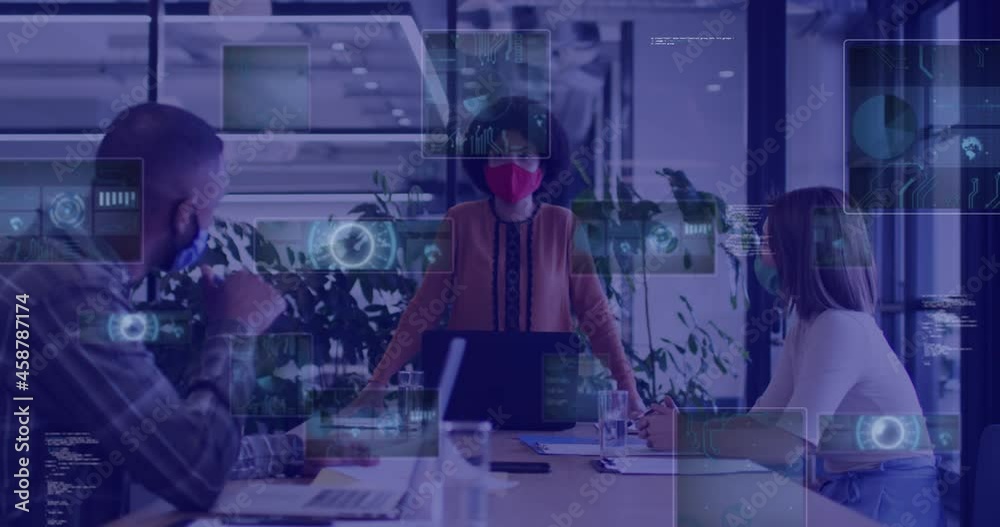 Animation of digital screens over diverse business people wearing face masks during meeting Animation of digital screens over diverse business people wearing face masks during meeting