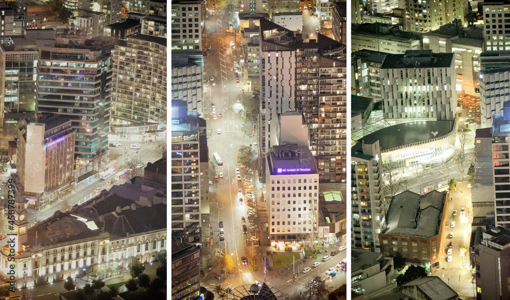 Aerial view of city skyscrapers at night, New Zealand