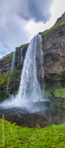 Seljaland Waterfalls, Iceland. Amazing landscape with water and vegetation