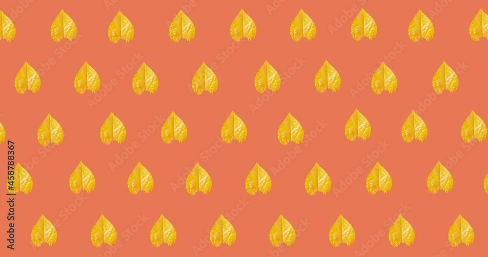 Animation of multiple yellow autumn leaves over orange background Animation of multiple yellow autumn leaves over orange background