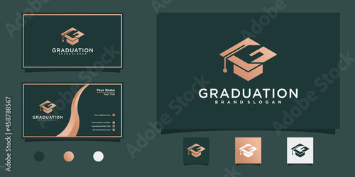 Graduation logo design with creative letter G-shaped toga hat and business card design Premium Vektor