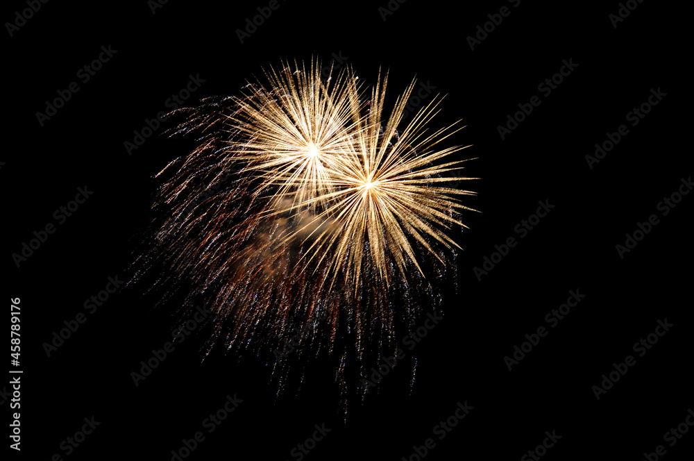 golden Festive fireworks on a black background. Bright and colorful illustration for design. Screen overlay 
