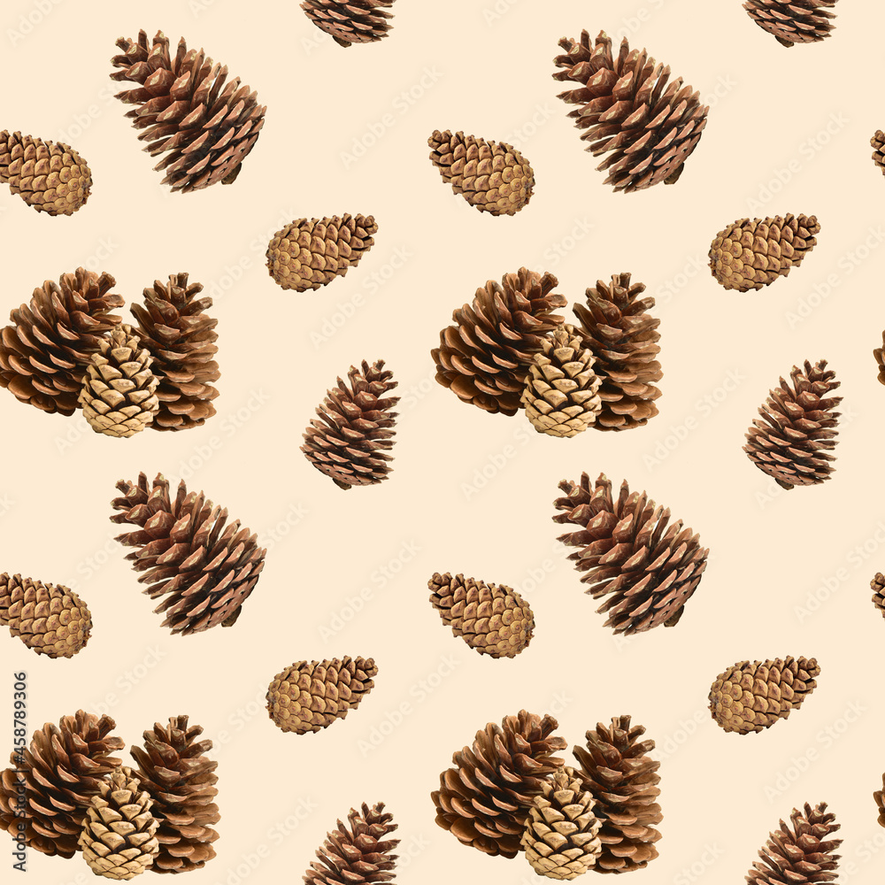 Seamless background with pinecones on a beige. Christmas and New Year pattern. Design element Seamless background with pinecones on a beige. Christmas and New Year pattern. Design element