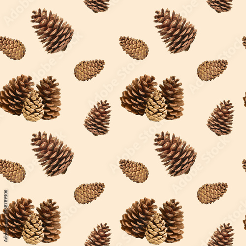 Seamless background with pinecones on a beige. Christmas and New Year pattern. Design element