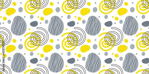 Seamless pattern with Abstract bionic shape. Hand drawn Seamless template with spirals and spots. Vector Modern yellow gray wallpapers, wrapping papers, textile, prints. Trendy geometric shapes.