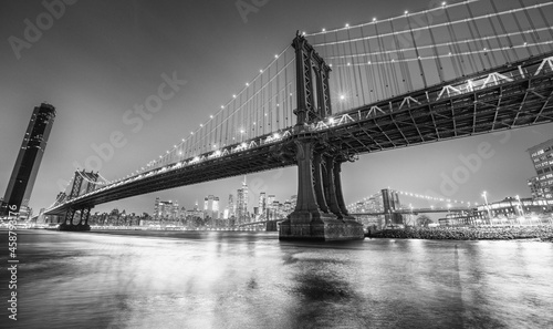 The Brooklyn and Manhattan Bridges at night from Broolyn Bridge Park  New York City in winter.