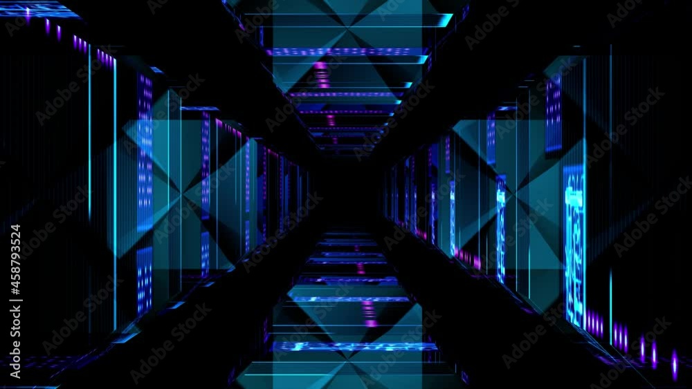 Abstract technological background 3D animation, moving through a futuristic technological or digital cyberspace tunnel corridor or shaft loop.