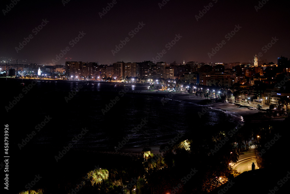 Night view of Malaga city, Andalusia in Spain. 