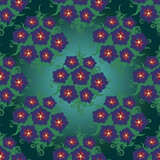 Dark seamless floral pattern. Petunias in a bouquet against the background of leaves