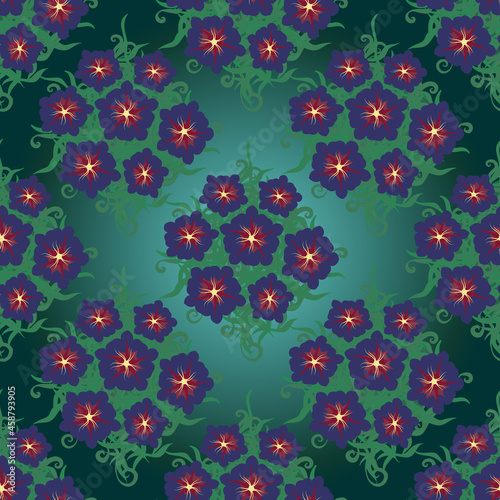 Dark seamless floral pattern. Petunias in a bouquet against the background of leaves