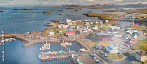Stykkisholmur aerial city view from drone on a beautiful summer day, Iceland
