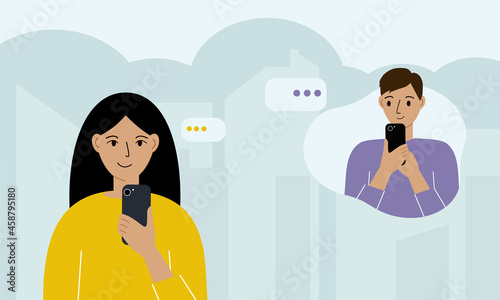 Online communication concept. Online correspondence of people in messages. A man and a woman correspond by phone.