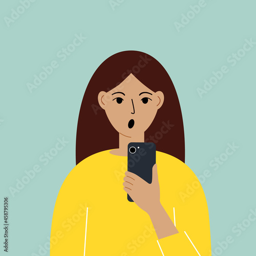 Shocked woman with mobile phone, front view. Taking pictures, reading, chatting. Smartphone and internet addiction. Vector illustration.