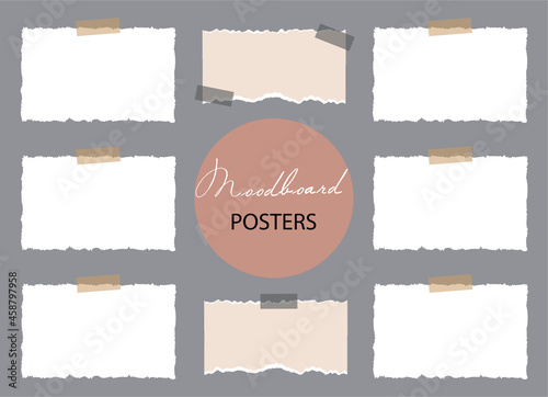 Set of different pieces of torn paper on sticky tape. Mockup for presentation and modern design. 8 empty notes. Vector 3d realistic. Mood board Blank template on a gray background. EPS10.