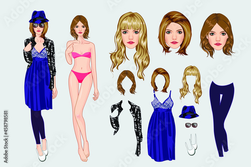 Vector set of Paper woman doll and collection of clothes and accessories for cut out and play for girls.