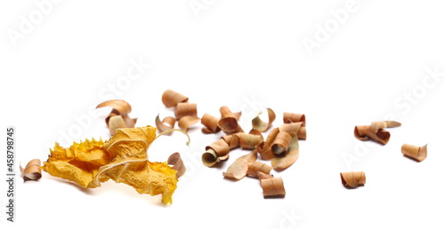 Yellow dried colorful leaves pile isolated on white background, side view