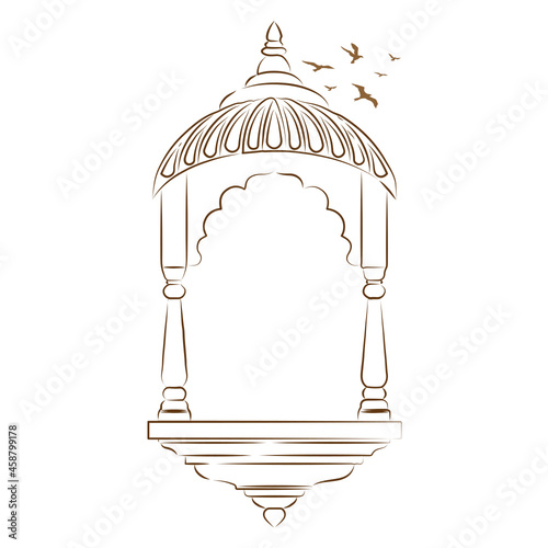 Jharokha vector illustration. Window architecture illustration. Jharokha with Bird's illustration. Line art arch illustration. Flying Bird's illustration. Rajasthani Jharokha vector. 