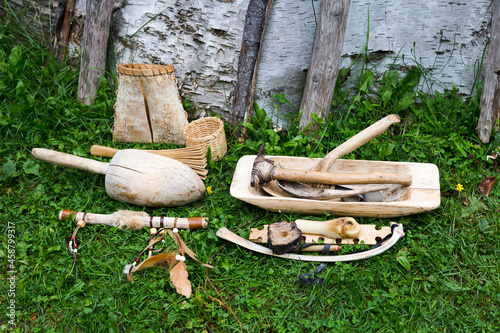 Wood, metal, bone and bark traditional native tools, Gaspé, Quebec, Canada photo