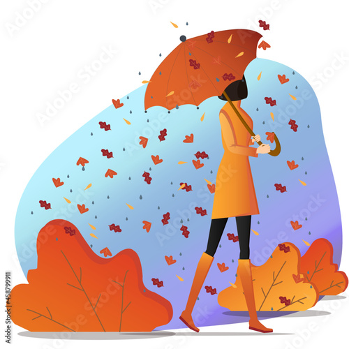 Girl with an umbrella in a coat and boots in the rain in autumn