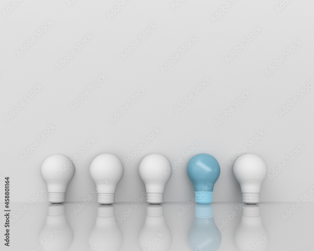 Obraz premium Light bulb blue outstanding among lightbulb group. Concept of creative idea and innovation, Unique, Think different, Individual and standing out from the crowd. 3d render illustration