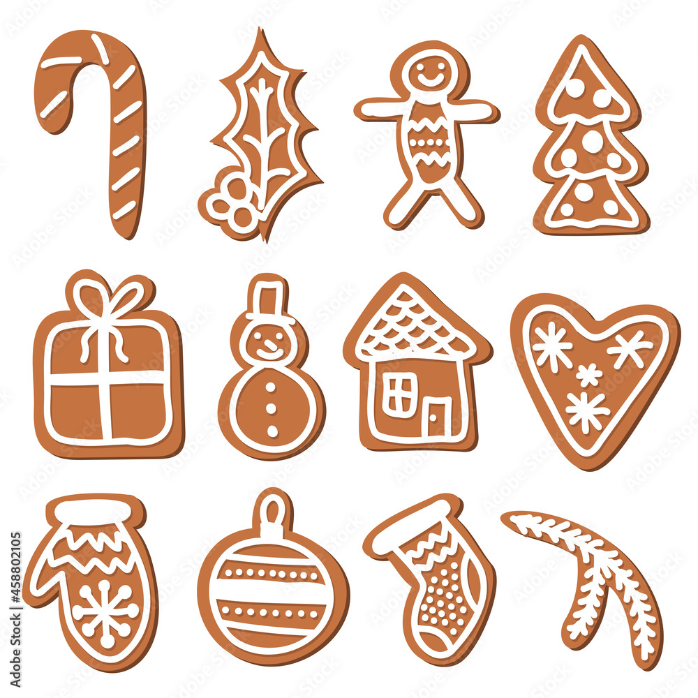 Set of Christmas gingerbread with frosting. For festive decoration of postcards and decorating projects. Simple flat vector illustration Set of Christmas gingerbread with frosting. For festive decoration of postcards and decorating projects. Simple flat vector illustration