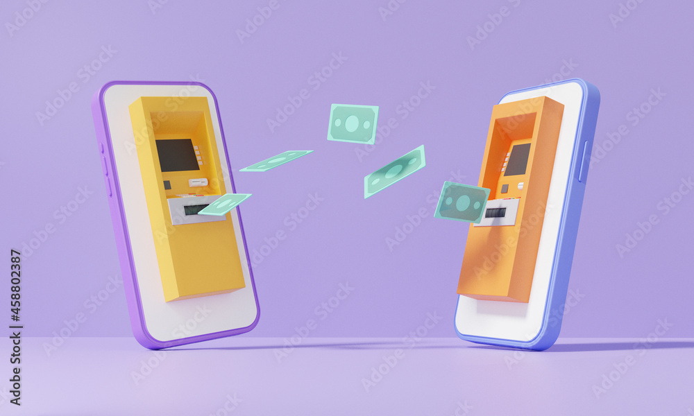 Money payment transfer system online concept. into application transaction Internet banking on two smartphone. cartoon minimal. copy space. banner. 3d render illustration Money payment transfer system online concept. into application transaction Internet banking on two smartphone. cartoon minimal. copy space. banner. 3d render illustration