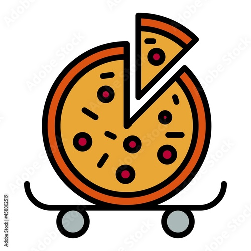 Pizza on wheels icon. Outline pizza on wheels vector icon color flat isolated