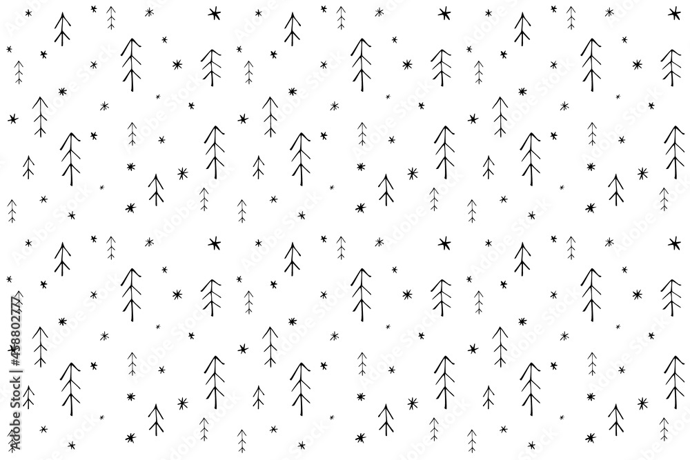 Seamless pattern with christmas trees in scandinavian style on snowy background. Simple minimalistic background for web, pint, wallpaper, wrapping paper, textile, scrapbooking. - obrazy, fototapety, plakaty 