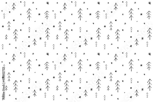 Seamless pattern with christmas trees in scandinavian style on snowy background. Simple minimalistic background for web, pint, wallpaper, wrapping paper, textile, scrapbooking.