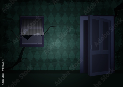 Aged old room with grunge green wallpaper with window and open door