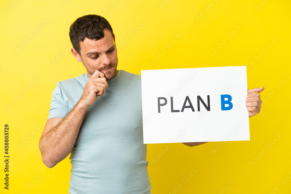 Brazilian man over isolated purple background holding a placard with the message PLAN B and thinking Brazilian man over isolated purple background holding a placard with the message PLAN B and thinking