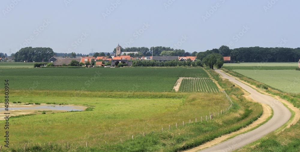 the little city Baarland behind the fields with onions in the dutch countryside in zeeland