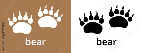 Bear paw print trail icon. Grizzly, polar bear foot print track icons vector set. Black and white. Isolated vector illustration. Paw silhouette. photo