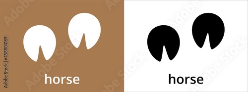 Horse paw print trail icon. Horse, donkey foot print track icons vector set. Black and white. Isolated vector illustration. Paw silhouette.