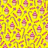 candy seamless pattern on yellow background. Illustration for printing, backgrounds, wallpapers, covers, packaging, greeting cards, posters, stickers, textile and seasonal design.