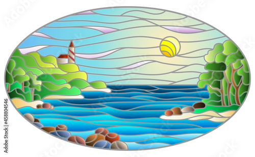 Illustration in stained glass style with seascape  sea with and shore against a Sunny sky with clouds  oval image