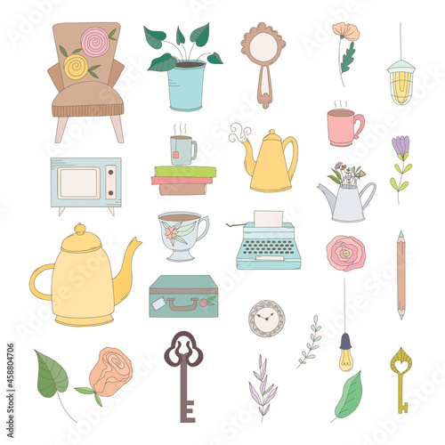 Set of hand drawn vintage objects: flowers, keys, typewritter, leaves, cups and mugs, clocks and kettles.