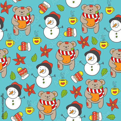 winter snowman patterns, seamless background, vector eps 10