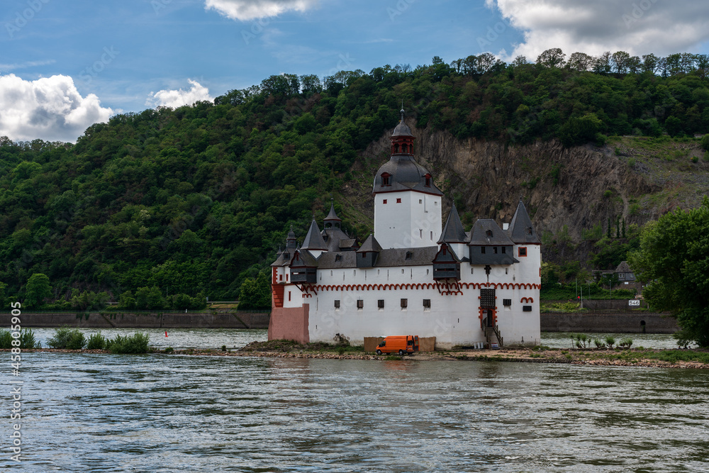 Panoramic view of the Pfalzgrafenstein Castle in the Rhine near Kaub in Germany. Panoramic view of the Pfalzgrafenstein Castle in the Rhine near Kaub in Germany.