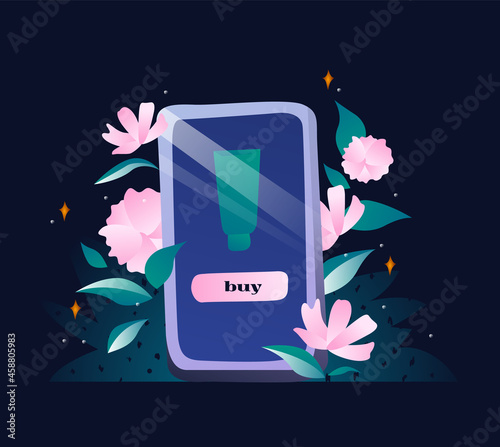 Illustration on a dark background. A smartphone with an online beauty and cosmetics store. The "Buy" button. Leaves and flowers are everywhere around. Gradient and color transitions. Bright light.