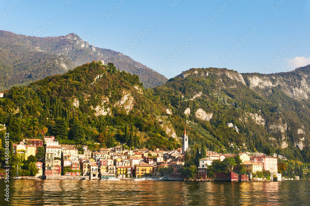 View from a boat of Varenna, a traditional village on Lake Como, Italy
