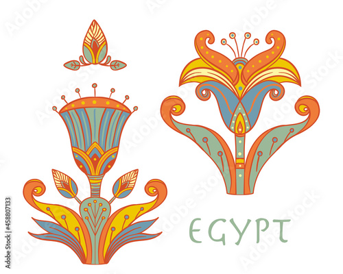 Egyptian floral colorful design element set isolated on white. Lotus flower, vector sign, symbol, logo illustration. Spirituality, occultism, chemistry, flower tattoo.